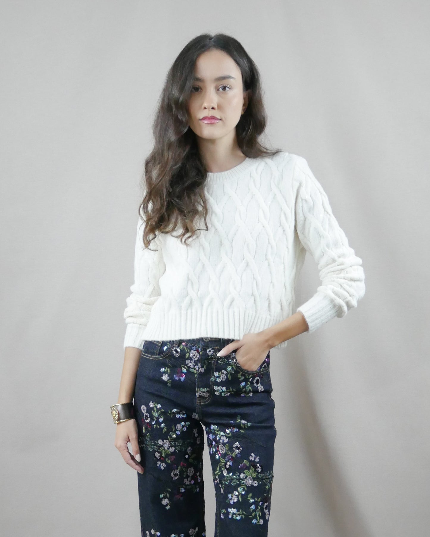 white knit sweater